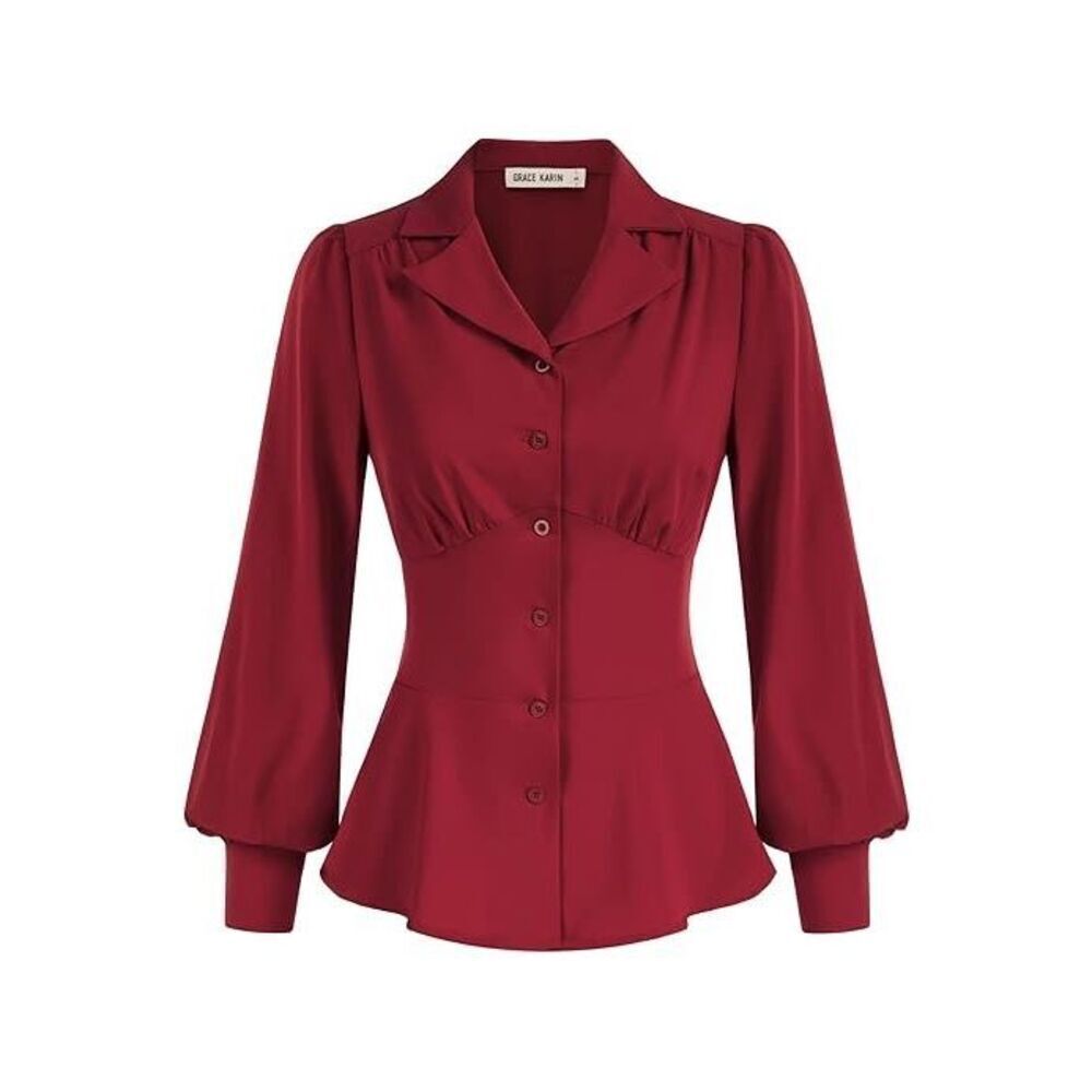 Grace Karin Women’s Office Bow Tie Blouse Puff Sleeve Red Size Large
